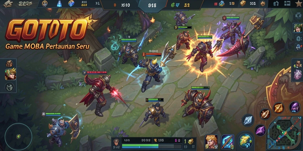 Screenshot utama GOTOTO menampilkan pertempuran seru antara tim di arena.