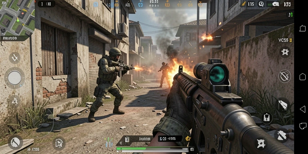 Tampilan gameplay VC55 yang dramatis dan intens dalam pertempuran FPS.